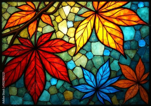 Colorful stained glass artwork featuring autumn leaves and vibrant hues