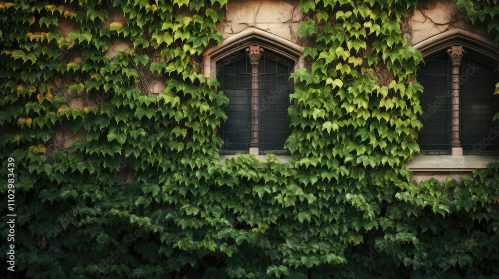 Lush green ivy climbing an ancient stone wall with gothic-style windows creating a serene and textured architectural background. Lush green ivy climbing an ancient stone wall with gothic-style windows creating a serene and textured architectural background.