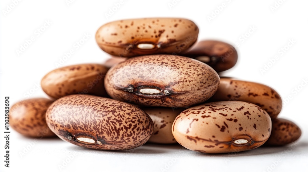 Pinto beans stacked on a white background showcasing their natural speckled texture and earthy tones for culinary or agricultural use Pinto beans stacked on a white background showcasing their natural speckled texture and earthy tones for culinary or agricultural use