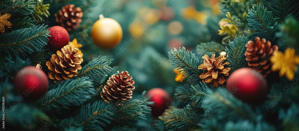 Festive holiday decor featuring ornaments and pine cones amidst lush evergreen branches creating a vibrant Christmas atmosphere Festive holiday decor featuring ornaments and pine cones amidst lush evergreen branches creating a vibrant Christmas atmosphere