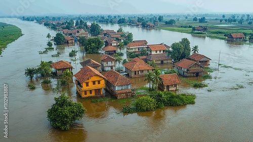 Aerial view of flooded houses in a rural haor region showcasing a scenic village surrounded by water and lush greenery. photo