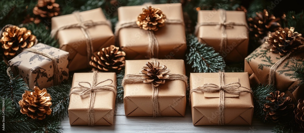 Cozy Christmas gift arrangement with twine-wrapped boxes pinecones and evergreen on rustic wooden surface overhead view blank space Cozy Christmas gift arrangement with twine-wrapped boxes pinecones and evergreen on rustic wooden surface overhead view blank space