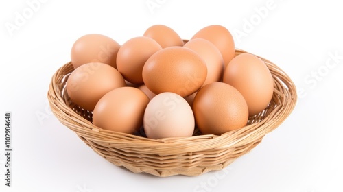 Wallpaper Mural Close up of assorted fresh eggs in a wicker basket against a clean white background showcasing natural farm produce and culinary ingredients. Torontodigital.ca