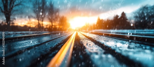 Urban transportation development railway tracks at sunset with rain on the ground showcasing infrastructure and urban planning concepts.