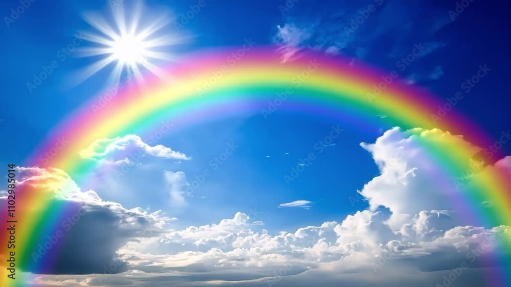 A rainbow is seen in the sky with a blue background. The rainbow is very bright and colorful, and it seems to be a symbol of hope and happiness A rainbow is seen in the sky with a blue background. The rainbow is very bright and colorful, and it seems to be a symbol of hope and happiness