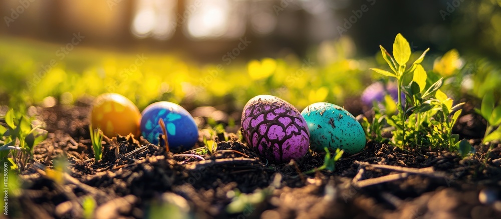 Vibrant chocolate eggs nestled in lush greenery on a sunlit forest floor showcasing a colorful springtime landscape. Vibrant chocolate eggs nestled in lush greenery on a sunlit forest floor showcasing a colorful springtime landscape.