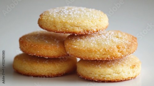 Cottage cheese cookies stacked on a white background showcasing a golden shortbread texture dusted with sugar for a sweet treat.