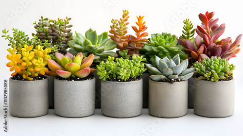 A collection of vibrant succulents in small, grey concrete pots.  The plants vary in color and texture, creating a visually appealing display. Perfect for home decor or a gift. photo