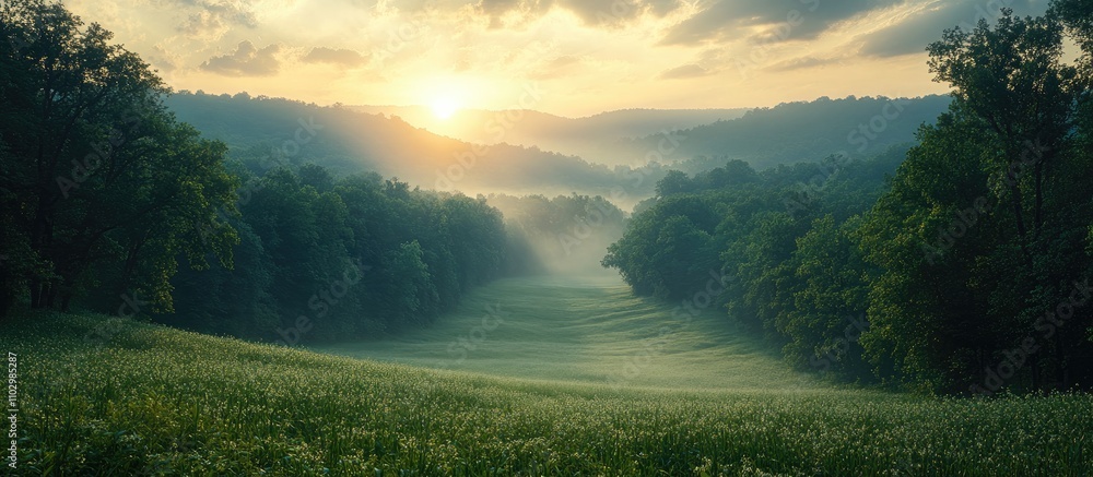 Obraz premium Serene countryside landscape at dawn with misty hills and lush greenery under a sunrise sky