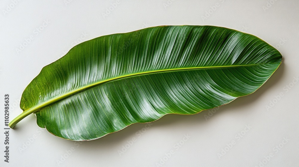 Fototapeta premium Vibrant young banana leaf isolated on a white background showcasing its lush green texture and striking natural details.