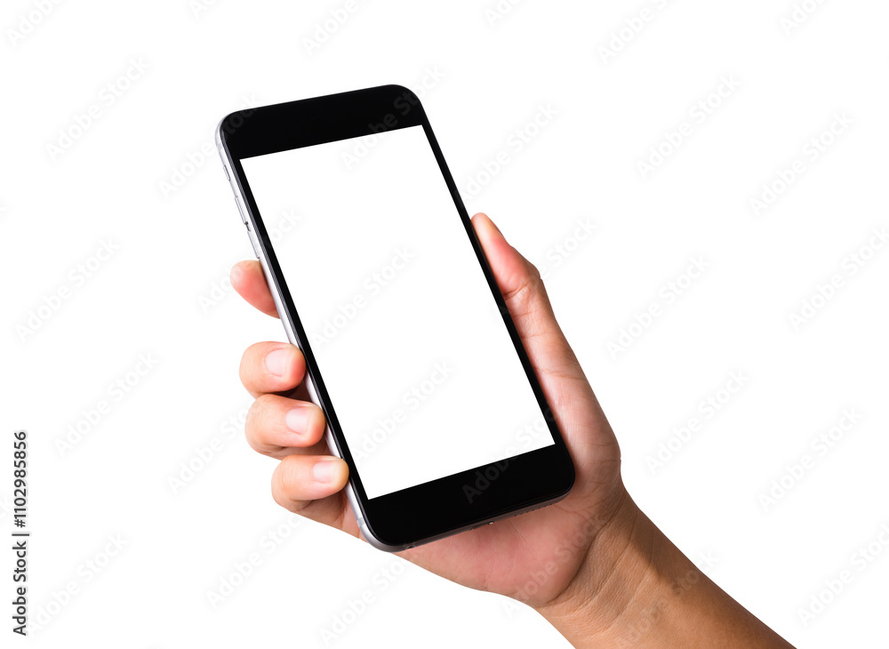 Woman hand holding a smartphone blank white screen. Female holds the modern mobile phone on hands studio shot isolated on over white background with clipping mask path on the phone and screen Woman hand holding a smartphone blank white screen. Female holds the modern mobile phone on hands studio shot isolated on over white background with clipping mask path on the phone and screen