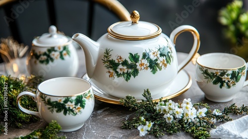 Enjoying a romantic afternoon tea with an antique floral wreath tea set in a cozy home setting