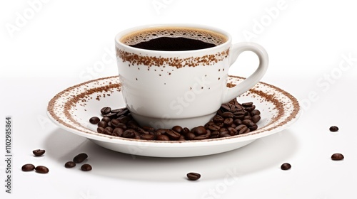 Aromatic coffee cup with saucer and roasted coffee beans on a white background ideal for beverage and culinary themes photo