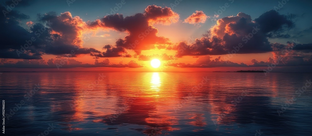 Tranquil tropical sunset over serene ocean waters with vibrant colors reflecting on the calm sea surface and dramatic cloud formations Tranquil tropical sunset over serene ocean waters with vibrant colors reflecting on the calm sea surface and dramatic cloud formations