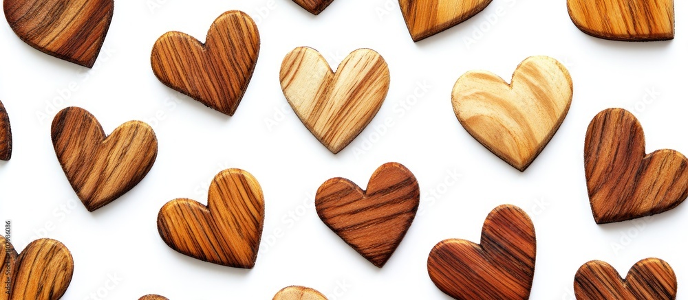 Wooden heart shapes arranged on a clean white backdrop creating a seamless pattern for decorative or romantic themes Wooden heart shapes arranged on a clean white backdrop creating a seamless pattern for decorative or romantic themes