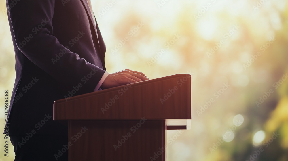 Obraz premium The Power of Words: A lone speaker stands at the podium, silhouetted against a warm, sunlit backdrop. The image captures the moment of delivering an impactful speech.