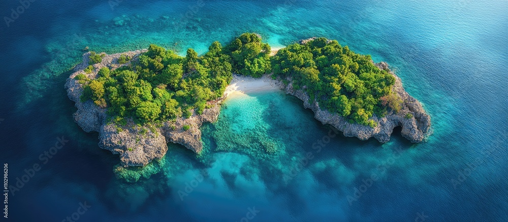 Aerial view of a serene islet surrounded by crystal clear turquoise waters and lush greenery under bright sunlight Aerial view of a serene islet surrounded by crystal clear turquoise waters and lush greenery under bright sunlight