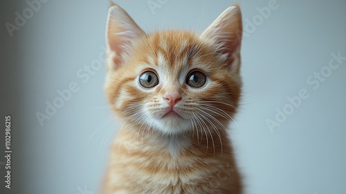 Adorable orange tabby kitten with expressive eyes looking directly at the camera against a soft neutral background. Perfect for pet-related content.