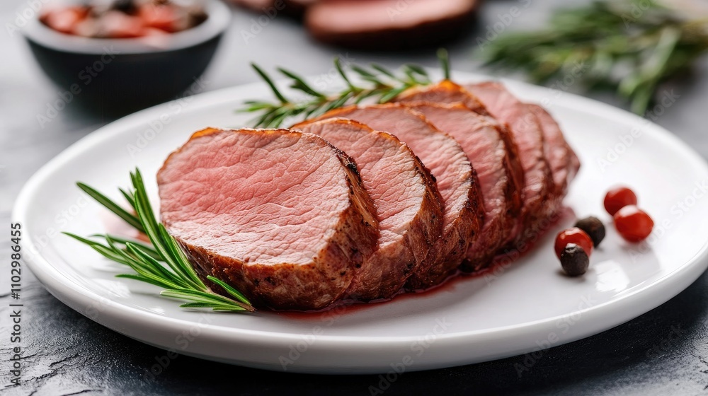 Sliced veal fillet elegantly presented on a white plate garnished with rosemary and accompanied by colorful berries and olives Sliced veal fillet elegantly presented on a white plate garnished with rosemary and accompanied by colorful berries and olives