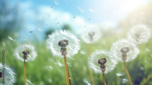 Wallpaper Mural Dandelion seeds floating in the breeze on a sunny spring day with a bright background and lush green grass. Torontodigital.ca
