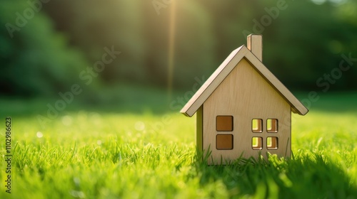 Wooden model of eco-friendly house on a lush green lawn symbolizing sustainable living and environmental awareness