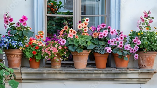 A gorgeous display of plants, featuring flowering begonias and geraniums, in colorful terra cotta pots on a white balcony