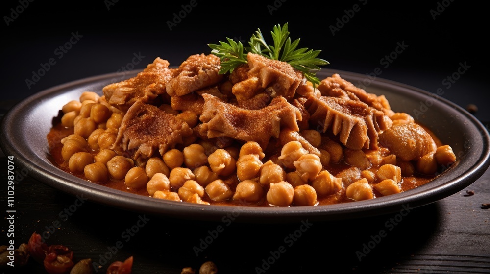 Slow-cooked beef tripe served with chickpeas showcasing traditional culinary flavors and textures. Slow-cooked beef tripe served with chickpeas showcasing traditional culinary flavors and textures.