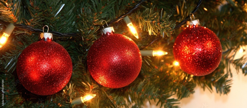 Christmas tree adorned with vibrant red ornaments and decorative lights for a festive holiday atmosphere. Christmas tree adorned with vibrant red ornaments and decorative lights for a festive holiday atmosphere.