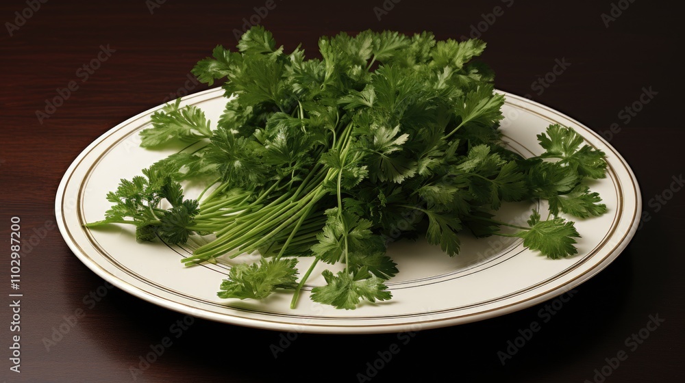 Freshly harvested parsley arranged elegantly on a classic white plate against a dark wooden background. Freshly harvested parsley arranged elegantly on a classic white plate against a dark wooden background.