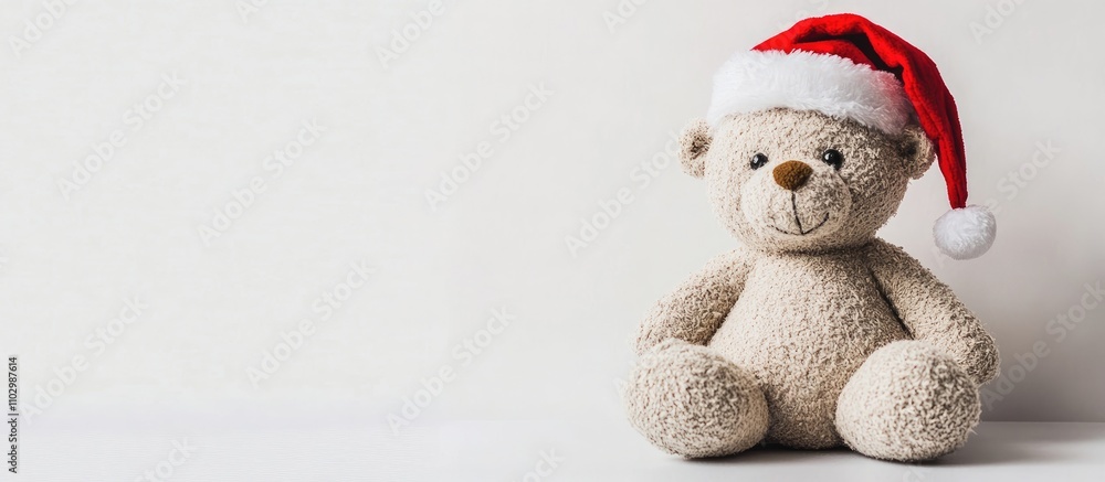 Plush teddy bear adorned with a festive red Santa hat positioned against a plain white background for holiday-themed imagery Plush teddy bear adorned with a festive red Santa hat positioned against a plain white background for holiday-themed imagery