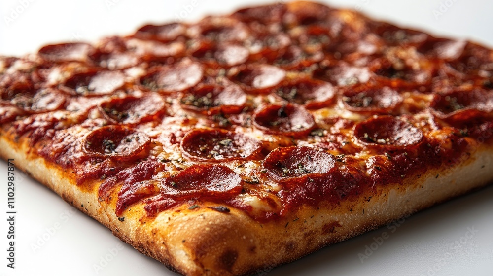 Rectangular pepperoni pizza with a golden crust and rich tomato sauce isolated on a clean white background Rectangular pepperoni pizza with a golden crust and rich tomato sauce isolated on a clean white background