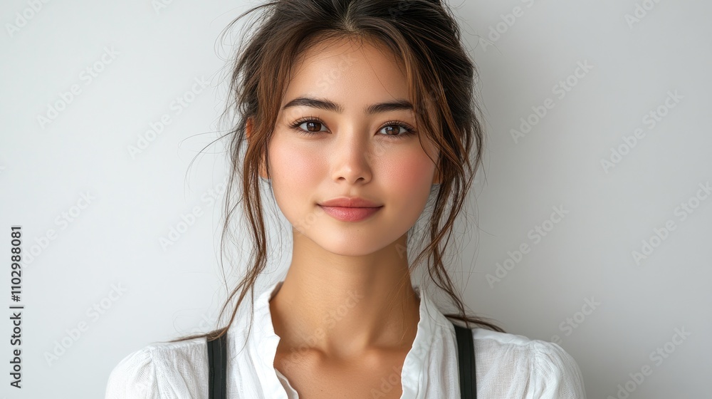Confident Asian woman with a natural look in a white shirt posing against a neutral background showcasing professional elegance and beauty Confident Asian woman with a natural look in a white shirt posing against a neutral background showcasing professional elegance and beauty