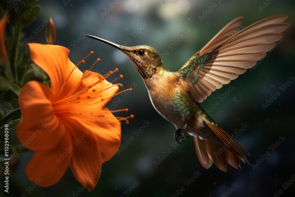 Fototapeta premium Orange Hummingbird Close-Up with Emerald Jungle Backdrop