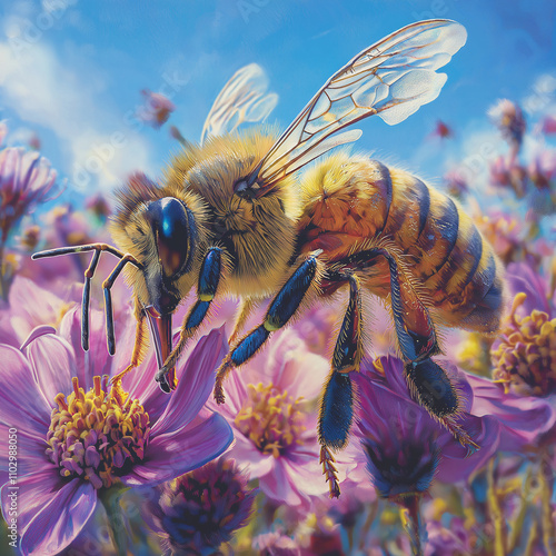 Close-up of a honeybee collecting nectar on vibrant flowers