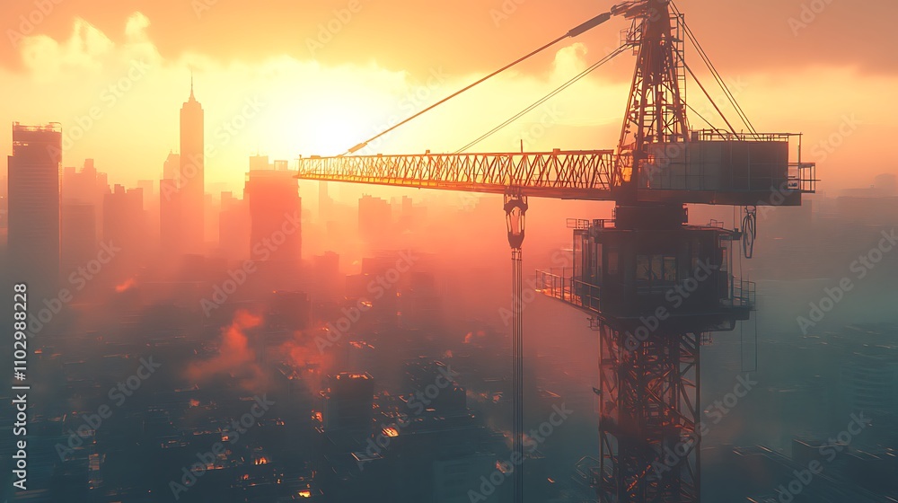 Side view of a crane hoisting massive steel beams against a backdrop of tall buildings, city skyline bathed in early morning light, intricate details on the crane and beams, vibrant sky, Side view of a crane hoisting massive steel beams against a backdrop of tall buildings, city skyline bathed in early morning light, intricate details on the crane and beams, vibrant sky,