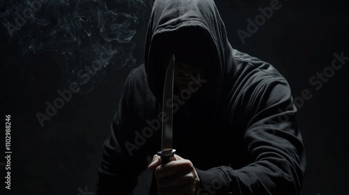 Mysterious figure holding a knife in a dark environment with smoke in the background