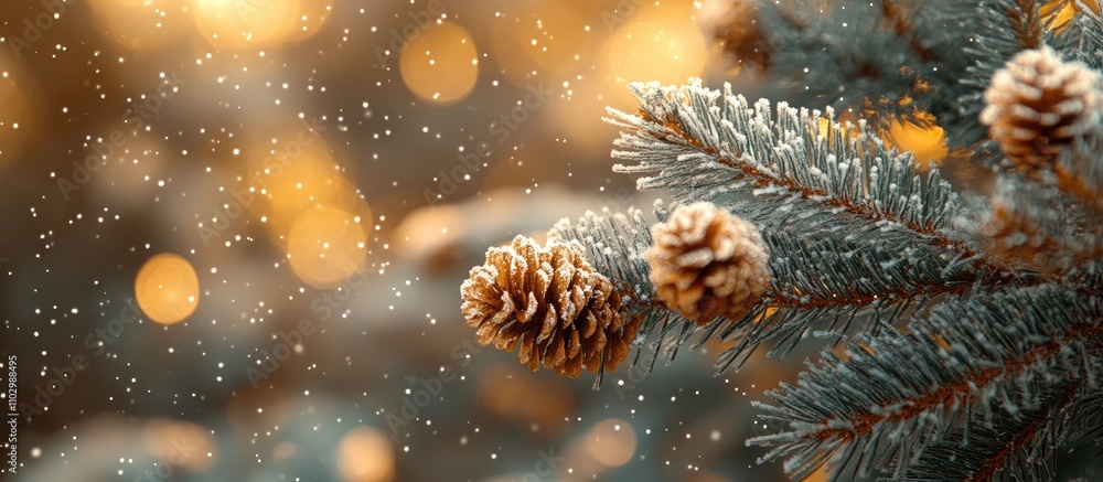 Winter holiday backdrop with snowy fir trees and blurred background showcasing pinecones and falling snowflakes in a serene outdoor setting Winter holiday backdrop with snowy fir trees and blurred background showcasing pinecones and falling snowflakes in a serene outdoor setting