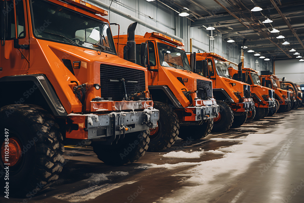Orange Snowplow Trucks in Garage: Winter Snow Management Preparation Orange Snowplow Trucks in Garage: Winter Snow Management Preparation