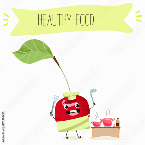 Cute cherry characters, funny berries, activities, leisure. Hand drawn vector illustration. Organic food, healthy, for kids menu, flyer, advertisement, wrap, label, invitation.