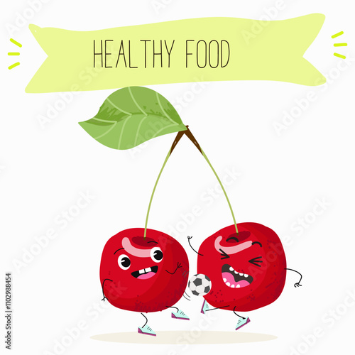 Cute cherry characters, funny berries, activities, leisure. Hand drawn vector illustration. Organic food, healthy, for kids menu, flyer, advertisement, wrap, label, invitation.