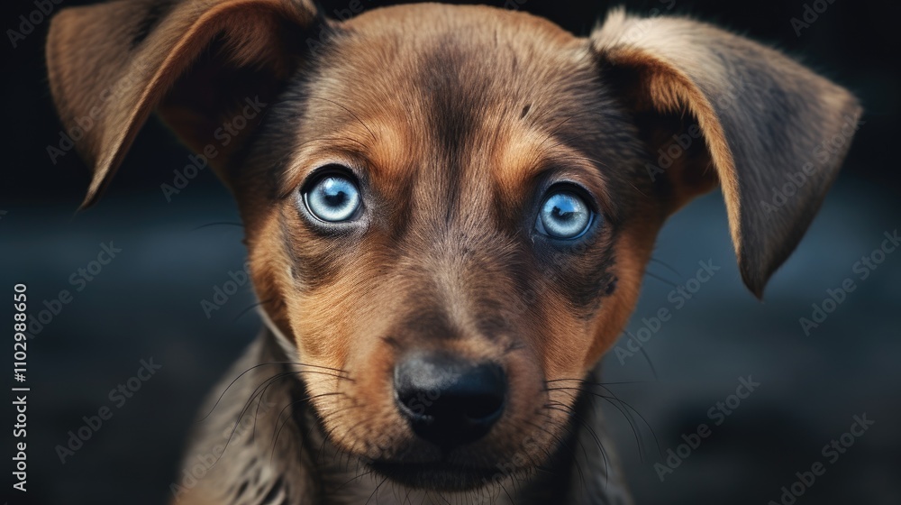Portrait of a young brown puppy with striking blue and brown eyes against a dark background showcasing its innocence and charm Portrait of a young brown puppy with striking blue and brown eyes against a dark background showcasing its innocence and charm
