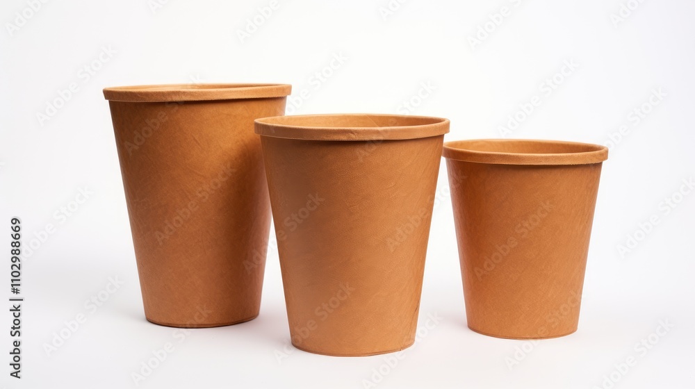 Brown disposable paper bucket trio on a clean white background ideal for food services or eco-friendly packaging concepts. Brown disposable paper bucket trio on a clean white background ideal for food services or eco-friendly packaging concepts.