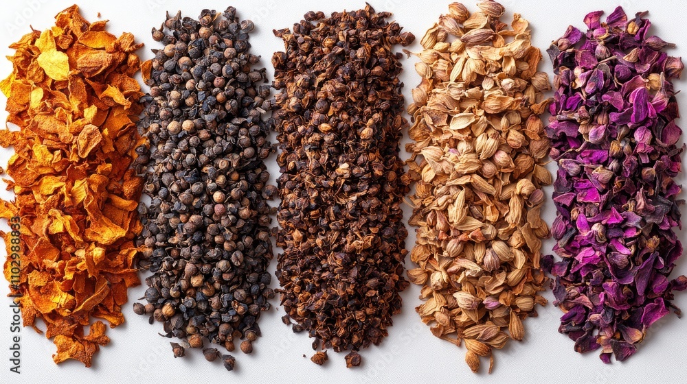 Dried aromatic spices variety arranged on a white background showcasing their natural colors and textures for culinary and decorative uses Dried aromatic spices variety arranged on a white background showcasing their natural colors and textures for culinary and decorative uses