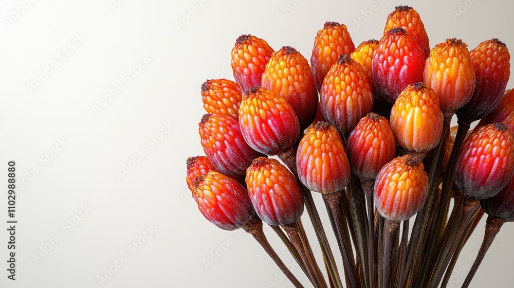 Naklejka premium Close-up of dried date palm fruits with vibrant colors isolated on a white background showcasing their unique texture and natural beauty