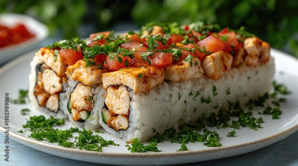 Sushi burrito with chicken and tomato garnished with parsley on a white plate against blue background overhead view flat lay Sushi burrito with chicken and tomato garnished with parsley on a white plate against blue background overhead view flat lay