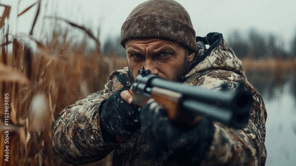 Fototapeta premium Hunter aims his rifle at a target near the water surrounded by tall reeds on a foggy day in autumn