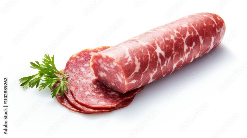 Dry cured ham sausage log with sliced pieces garnished with fresh herbs on a clean white background Dry cured ham sausage log with sliced pieces garnished with fresh herbs on a clean white background