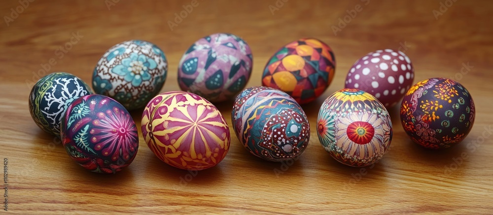 Colorful patterned Easter eggs arranged on a rustic wooden table with intricate designs and vibrant colors for festive decoration. Colorful patterned Easter eggs arranged on a rustic wooden table with intricate designs and vibrant colors for festive decoration.