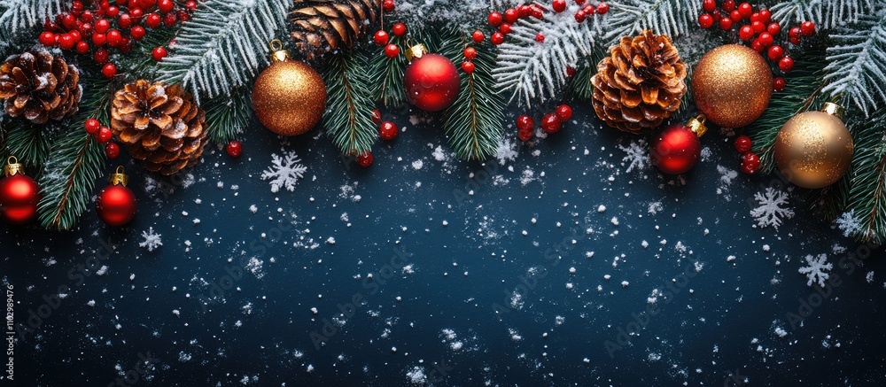 Christmas and New Year greeting card design with festive decorations pinecones ornaments and snowflakes on dark background Christmas and New Year greeting card design with festive decorations pinecones ornaments and snowflakes on dark background