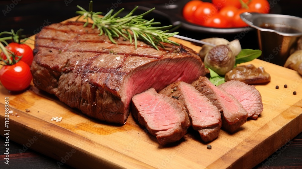Succulent grilled steak with fresh herbs and ripe tomatoes on a wooden cutting board showcasing gourmet culinary presentation Succulent grilled steak with fresh herbs and ripe tomatoes on a wooden cutting board showcasing gourmet culinary presentation